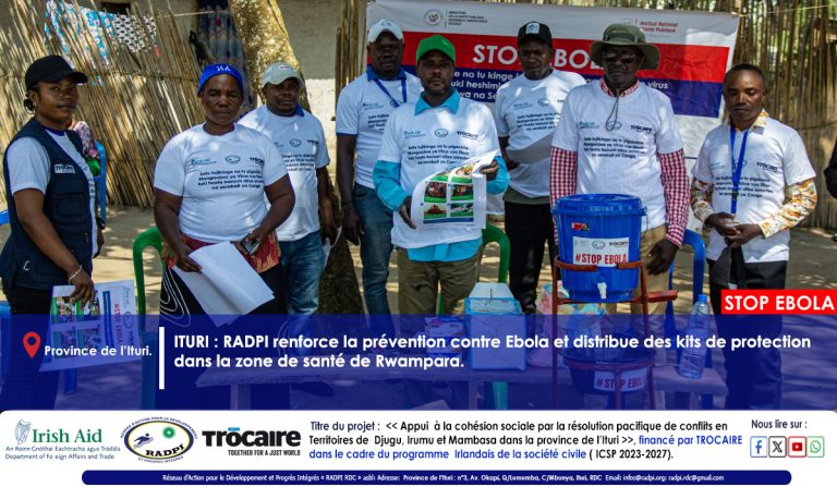 ITURI : RADPI renforce la prévention contre Ebola et distribue des kits de protection dans la zone de santé de Rwampara.