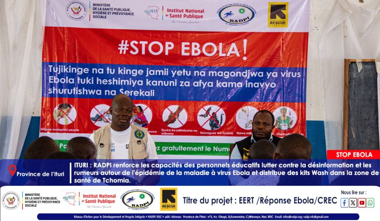 ITURI : RADPI renforce les capacités des personnels éducatifs sur la Communication des Risques et l&rsquo;Engagement Communautaire et distribue des kits Wash dans les écoles de la zone de santé de Tchomia.