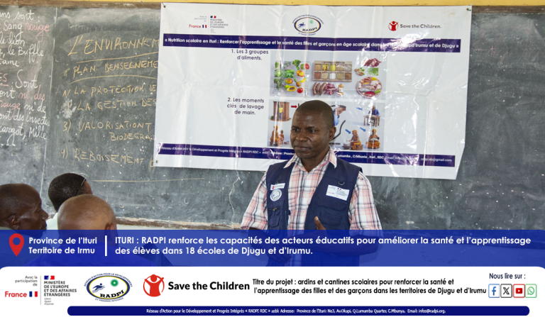 ITURI : RADPI renforce les capacités des acteurs éducatifs pour améliorer la santé et l’apprentissage des élèves dans 18 écoles de Djugu et d’Irumu.